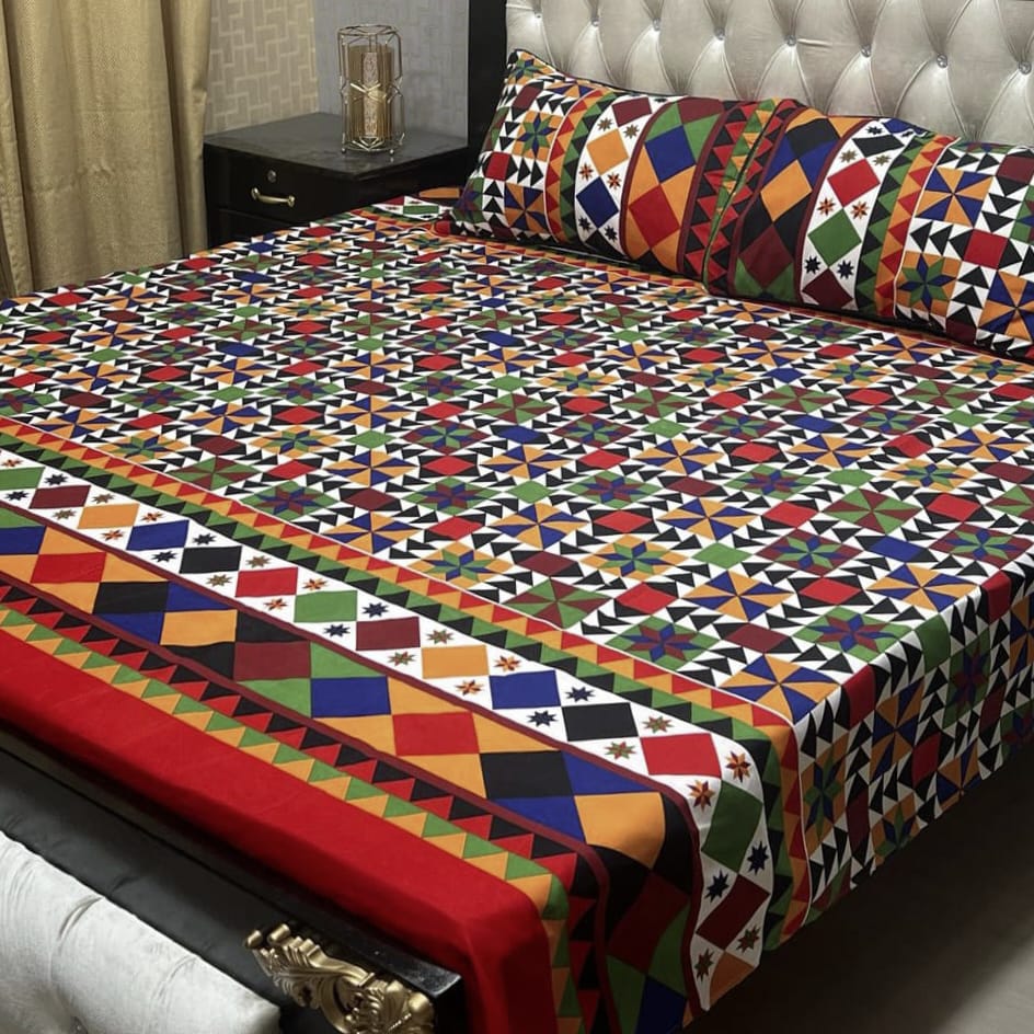 3D Leather Cotton Double Bedsheet