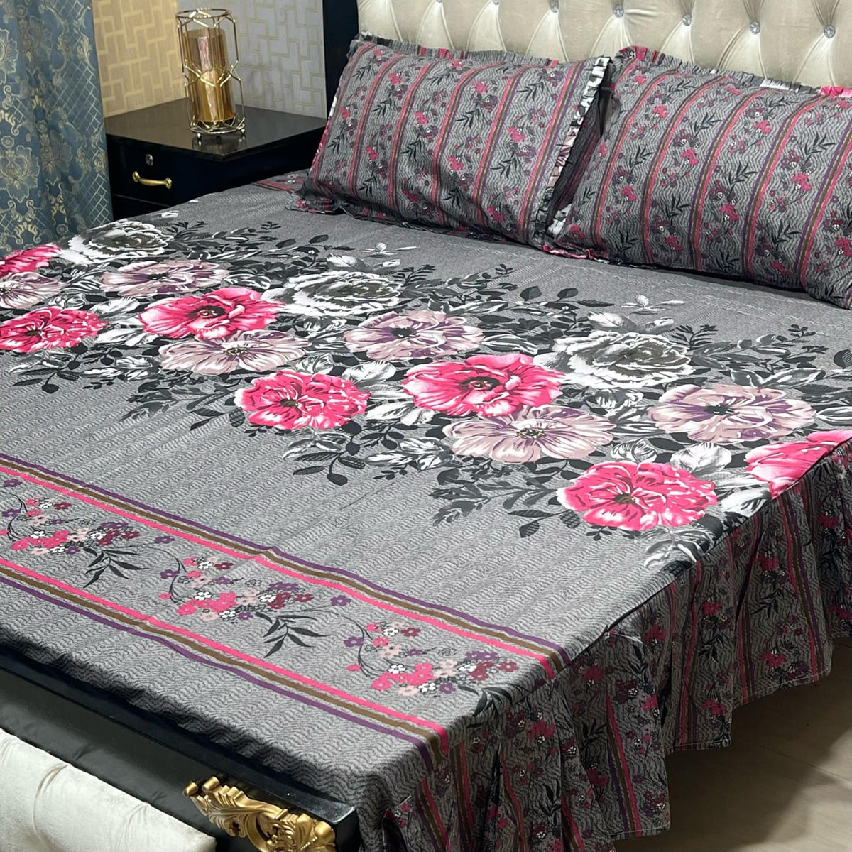 2 Sided Frill Cotton Double Bedsheet